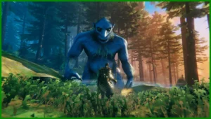 Zeigt eine scene aus dem Spiel Valheim bei der unser Held einen blauen Riesen gegenübersteht im Wald