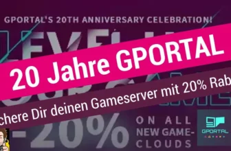 Text 20 Jahre GPORTAL , Gameserver mit 20% Rabatt. NxGomi und GPORTAL Logo