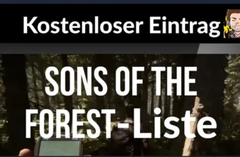 ein halber Bildschirm mit Screenshot des Spiels Sons of the Forest und den Text "Kostenloser Eintrag in Sons of the Forest Server Liste". Mit Comicfigur NxGOMi