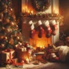 Ein Weihnachtsbaum mit roten Kugeln und Kerzen steht neben einem Kamin in dem ein Feuer brennt. Um den Baum stehen viele eingepackte Weihnachtsgeschenke. Das Bild ist sehr stimmungsvoll und friedlich und beschreibt eine ruhig, warme Weihnachtssituation