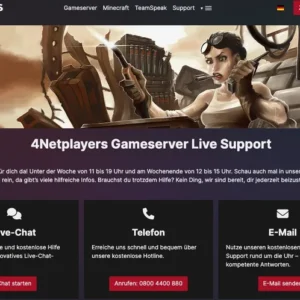 Screenshot von 4NETPLAYERS Webseite zeigt die unterschiedlichen Supportmöglichkeiten des Gameserver Hosters an. Live-Chat, Telefon, e-Mail und die dazugehörigen 0800 Telefonnummern