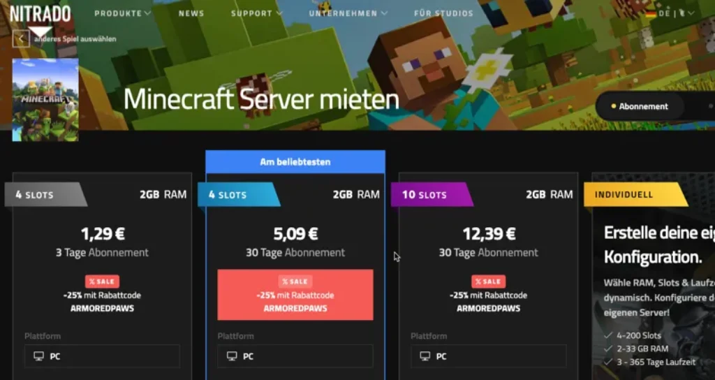 Spare bei Nitrado 25 % auf Minecraft Server und erlebe die Neuerungen von Minecraft 1.20.5! | Game Server mieten & vergleichen
