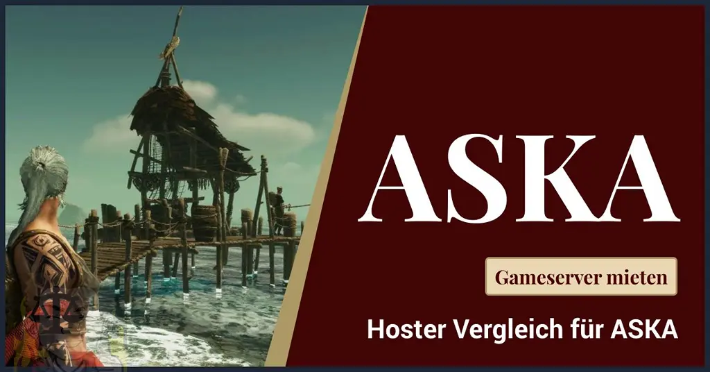 zeigt Vikinger Frau von der Seite mit Blick aufs Meer zum Schiffsanleger aus Holz - Daneben der Schriftzug: ASKA Server mieten - Hoster Vergleich