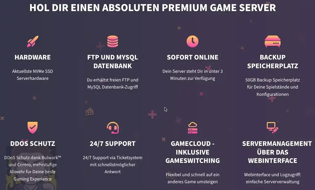 Vorteile von GPORTAL aufgeführt als Text mit Icons. Hardware , FTP und SQL, Sofort Online, BAckup, DDOS Schutz, 24/7 Support, Gamecloud, eigenes Webinterface