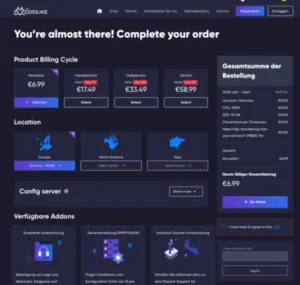 Bestellprozess FiveM Server bei GODLIKE, Auswahl Mietdauer, Location . Addons , Anzeige Kosten in Euro -Oberfläche in Deutsch