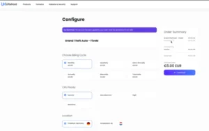 Bestellprozess FiveM Server bei Ultahost - Mietdauer, Location und Preis - Oberfläche in Englisch , Preis in Euro ausgeschildert
