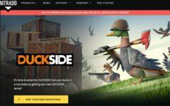 Auf einer Webseite von Nitrado gibt es eine Werbung für „Duckside“, auf der illustrierte Enten in Rüstung und Waffen zu sehen sind. Die Überschrift lautet: „Es ist Zeit, Duckside zu betreten! Bringen Sie sich noch heute ins Zeug, indem Sie sich Ihren eigenen Duckside-Server-Rabatt sichern!“ Ganz unten befindet sich eine Schaltfläche „Mieten Sie jetzt Ihren Gameserver“.