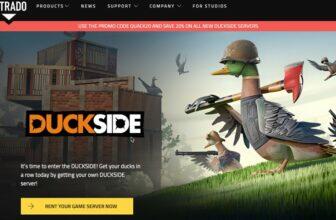 Auf einer Webseite von Nitrado gibt es eine Werbung für „Duckside“, auf der illustrierte Enten in Rüstung und Waffen zu sehen sind. Die Überschrift lautet: „Es ist Zeit, Duckside zu betreten! Bringen Sie sich noch heute ins Zeug, indem Sie sich Ihren eigenen Duckside-Server-Rabatt sichern!“ Ganz unten befindet sich eine Schaltfläche „Mieten Sie jetzt Ihren Gameserver“.