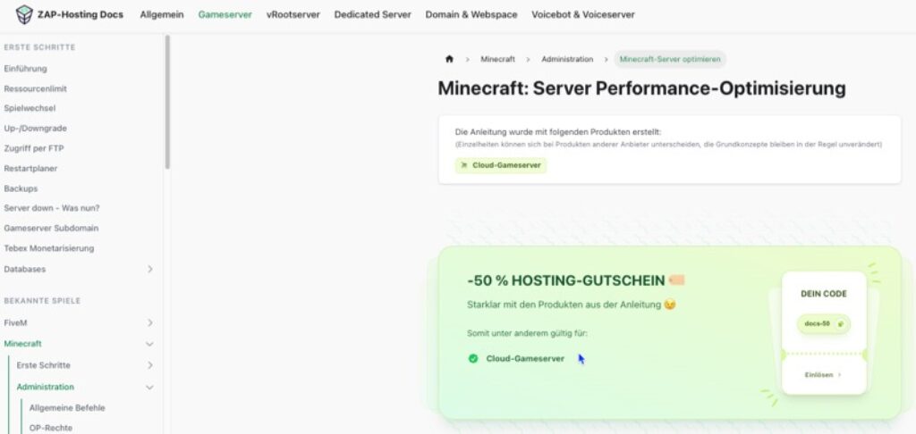 Screenshot einer Webseite mit dem Titel „Minecraft: Server Performance-Optimierung“ auf ZAP-Hosting Docs. Die Seite bietet mit einem speziellen Code 50 % Hosting-Rabatt auf Cloud-Gameserver. 