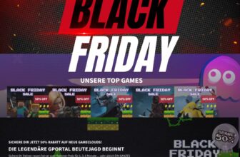 Werbegrafik für GPORTAL BlackWeek 2024-Sale mit ermäßigten Preisen für Spiele. Verschiedene Spielbilder werden mit „50 % Rabatt“-Beschriftungen angezeigt. Der Text enthält Details zum Verkaufszeitraum und exklusive Sparmöglichkeiten.