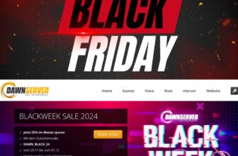 Werbebild für Dawnserver BlackWeek 2024, das unschlagbare Rabatte auf Spieleserver am Black Friday und in der Black Week präsentiert. Mit fettem Text, Verkaufsdetails und Logos vor einem lebendigen Hintergrund für maximale Wirkung.