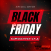 Rote und schwarze Grafik mit dem Text „Black Friday Angebote: Special Offer Gameserver Sale 2024“. Der Hintergrund zeigt ein dunkles Strukturmuster mit leuchtenden Partikeln. Das Logo in der unteren rechten Ecke lautet „MC Gameserver mieten“.