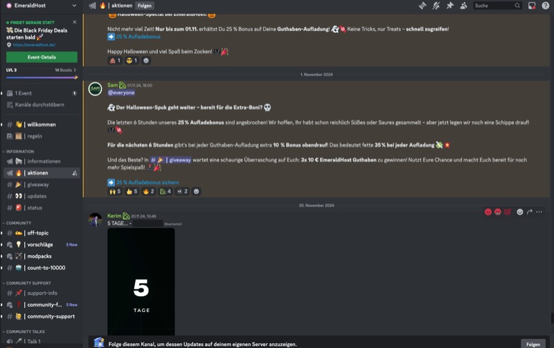 Auf einem Discord-Server-Bildschirm werden Textnachrichten und eine EMERALDHOST-Ankündigung über einen 25 %-Guthabenbonus in den nächsten 5 Stunden angezeigt. Das Countdown-Bild zeigt „5 TAGE“. Der dunkle Hintergrund hebt verschiedene links aufgeführte Chat-Kanäle hervor.