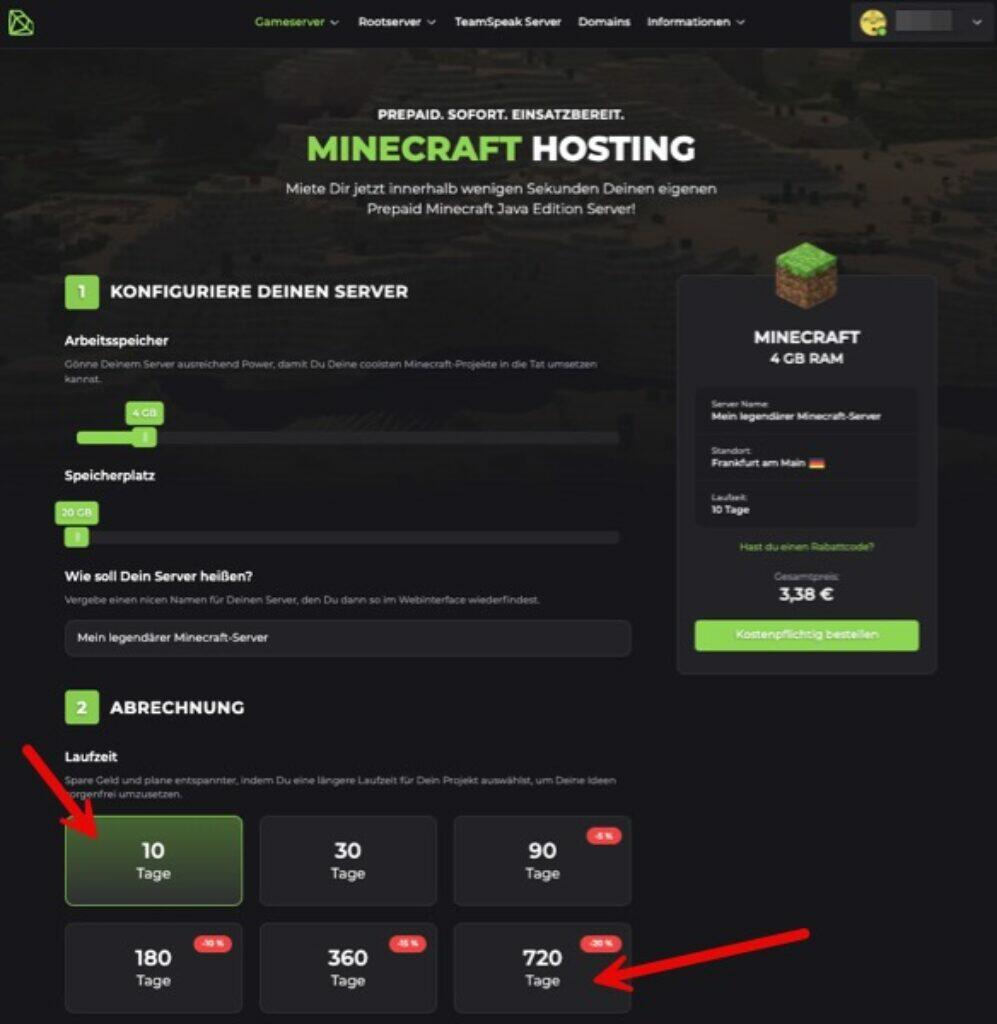 Eine Webseite für Minecraft-Server-Hosting zeigt Konfigurationsoptionen für RAM und Speicher mit Preisdetails. Rote Pfeile markieren verschiedene Laufzeitoptionen: 10, 180, 360 und 720 Tage. Ein Preisbeispiel zeigt 4 GB RAM für 3,38 €.