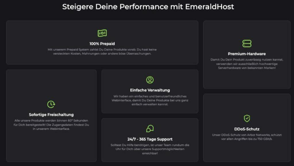 Ein Bild mit dunklem Thema, das die Funktionen von EmeraldHost auf Deutsch bewirbt. Zu den Funktionen gehören 100 % Prepaid, Premium-Hardware, sofortige Aktivierung, einfache Verwaltung, 24/7-Support und DDoS-Schutz, jeweils mit einem entsprechenden Symbol und einer Beschreibung.