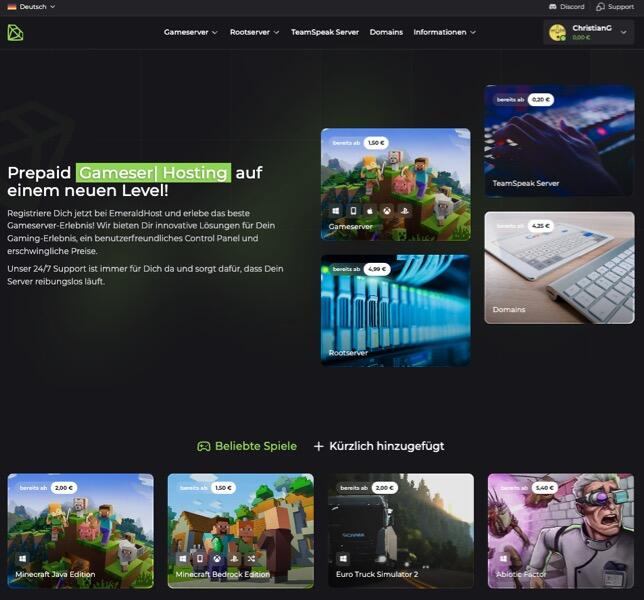Screenshot einer Website mit Prepaid-Hosting für Gameserver, mit Optionen wie Minecraft und Euro Truck Simulator 2. Beinhaltet Preise in Euro und Menükategorien wie Gameserver, Rootserver, TeamSpeak und Domains. Dunkles Design mit bunten Spielvorschaubildern.