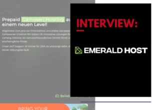 Screenshot einer Website, die einen Prepaid-Hosting-Dienst für Gameserver vorstellt. Auf der Seite wird ein Interview mit „EMERALDHOST“ in fettem Text hervorgehoben. umgeben von Bildern von Spielen oder Apps.