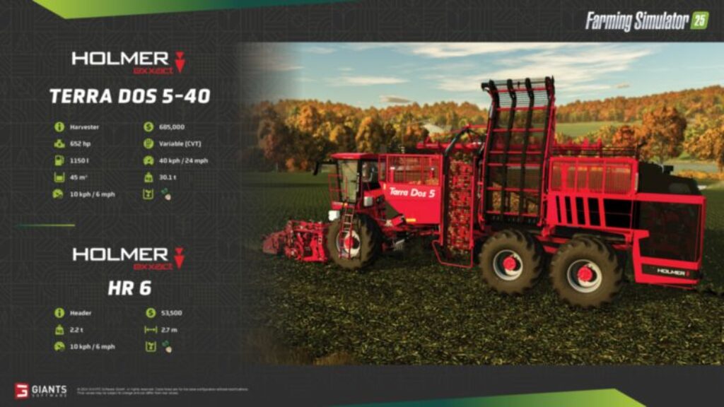 Eine rote Landmaschine, der Holmer Terra Dos 5-40, wird auf einem Feld präsentiert. Die Spezifikationen auf der linken Seite heben Merkmale wie PS und Geschwindigkeit hervor. Das farbenfrohe Logo von Farming Simulator 25 ziert die obere rechte Ecke und verbindet virtuelle Landwirtschaftsbegeisterte mit echten Maschinenwundern.