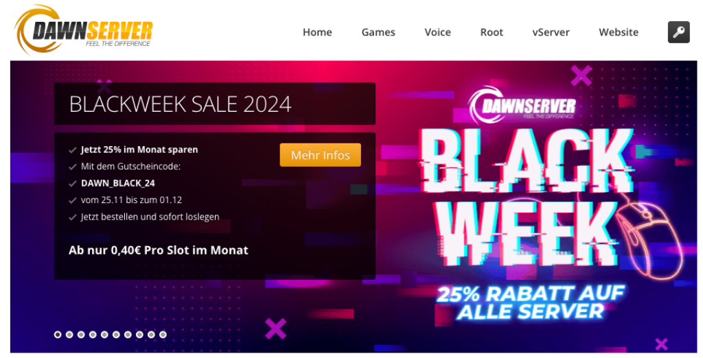 Ein Werbebanner für DawnServers Black Week Sale 2024 zeichnet sich durch leuchtende Farben und abstrakte Designs aus. Genießen Sie 25 % Rabatt mit dem Code „DAWN_BLACK_24“, gültig bis zum 1. Dezember. Verpassen Sie dieses aufregende Sparangebot nicht!