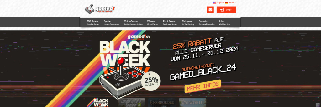 Banner für Gameserver-Rabatte mit dem Text „Black Week“. Verfügt über eine Retro-Joystick-Grafik und ein automatisch angewendetes 25 %-Rabattangebot vom 25. November bis 1. Dezember 2024. Enthält einen Gutscheincode „GAMED_BLACK_24“ und eine Schaltfläche „Weitere Informationen“.