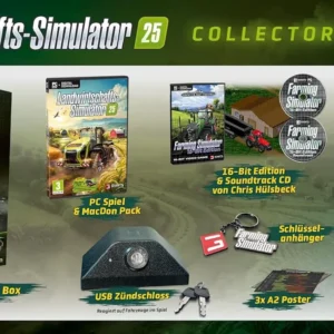 Der Landwirtschafts-Simulator 25: Collector's Edition [PC] verfügt über ein grün-schwarzes Display, das die Spielbox, eine PC-CD, ein McCain-Paket, Soundtracks, Tutorials, einen USB-Stick, einen Schlüsselanhänger, Aufkleber, ein A2-Poster und ein New Holland CR11 Gold Edition-Modell enthält.