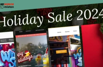 Das Holiday Sale 2024-Banner mit festlichem Hintergrund in Grün und Rot zeigt drei vertikale Tafeln, auf denen verschiedene Online-Spiele präsentiert werden. Umgeben von dekorativen Feiertagselementen laden unsere Holiday-Sale-Angebote Sie ein, spannende Gameserver-Anbieter-Angebote für die Jahresende-Feier zu entdecken.