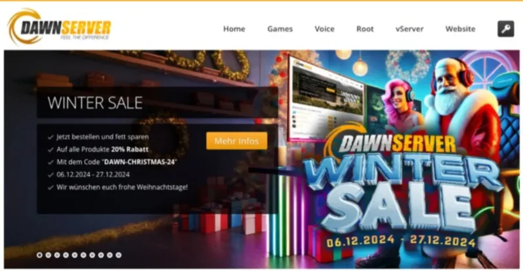 Ein festliches Website-Banner für DawnServers Winterschlussverkauf 2024 zeigt Weihnachtsdekorationen und einen fröhlichen Weihnachtsmann und wirbt für einen Rabatt von 20 % auf Serverprodukte. Verwenden Sie den Code „DAWN-CHRISTMAS-24“. Das Angebot ist gültig vom 6. bis 27. Dezember 2024.