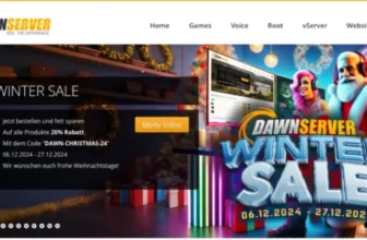 Ein festliches Website-Banner für DawnServers Winterschlussverkauf 2024 zeigt Weihnachtsdekorationen und einen fröhlichen Weihnachtsmann und wirbt für einen Rabatt von 20 % auf Serverprodukte. Verwenden Sie den Code „DAWN-CHRISTMAS-24“. Das Angebot ist gültig vom 6. bis 27. Dezember 2024.