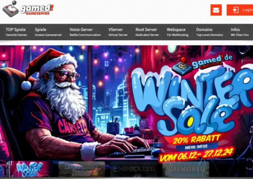 Eine festliche Anzeige zeigt einen coolen Weihnachtsmann mit Sonnenbrille und Weihnachtskleidung, der auf einem Computer herumtippt. Der Text schreit „Winter Sale 2024“ mit „20 % Rabatt“ von gamed!de und hebt die wichtigsten Daten „06.12. – 27.12.“ vor einem lebendigen Gaming-Hintergrund hervor, der die besten Serverprodukte-Angebote präsentiert. beim Anbiter gamed!de