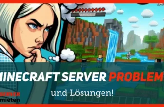 Ein Comic-Bild einer besorgten Person mit einem Finger am Kinn, vor einer lebendigen Minecraft-Landschaft mit Figuren, Klippen und einem Wasserfall. Der Text lautet „Minecraft Server Probleme und Lösungen!“ mit dem markanten Logo in der Ecke.