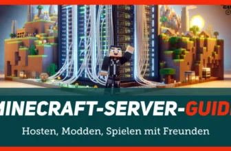 Eine klobige Figur im Minecraft-Stil steht neben einem großen Server mit bunten Kabeln. Pixelige Landschaften und Gebäude umgeben sie. Der Text lautet „Minecraft-Server-Guide: Hosten, Modden, Spielen mit Freunden.“ Perfekt für die Navigation durch Ihre eigenen Abenteuer in der virtuellen Welt!.