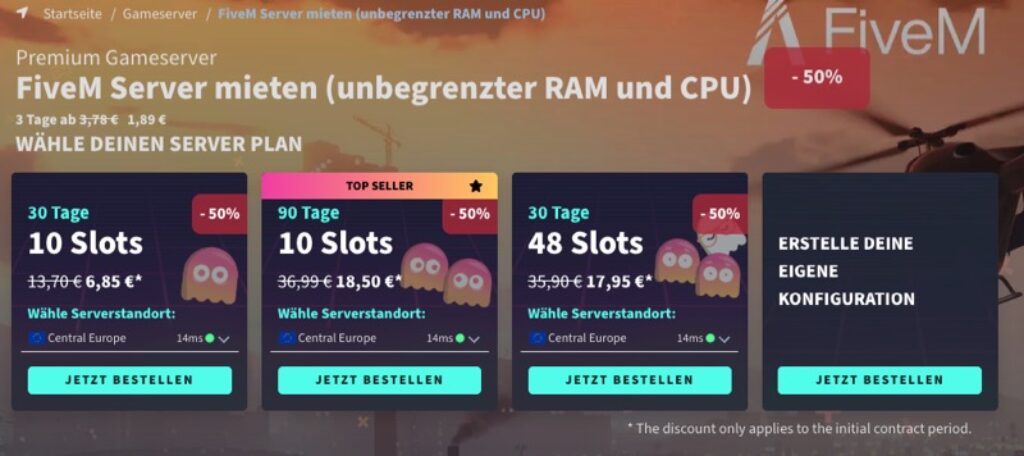 mega-rabatt auf fivem-server bei gportal – spare bis zu 50%! | 1 Screenshot einer FiveM-Server-Mietseite auf GPORTAL mit ermäßigten Preisen für 10 oder 48 Slots über 30 Tage, hervorgehoben durch ein rosa „-50%“-Abzeichen und „Jetzt bestellen“-Schaltflächen für eine einfache Bestellung.