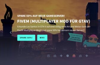 Ein Werbebanner bietet 50 % Rabatt auf neue FiveM-Server. Im Hintergrund ist eine Stadtlandschaft in der Abenddämmerung zu sehen, mit Cartoon-Symbolen und grünen Buttons mit der Aufschrift „SPARE 50%!“ und „WIKI“.