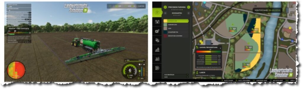 precision farming ls25: erlebe die zukunft der landwirtschaft im landwirtschafts-simulator 25! | 2 Geteilter Bildschirm mit Darstellung von Precision Farming LS25: Auf der linken Seite ist ein Traktor bei der Arbeit mit Bildschirmsteuerung zu sehen; auf der rechten Seite werden eine detaillierte Draufsicht und Menüs mit Feldinformationen und Precision-Farming-Einstellungen angezeigt.