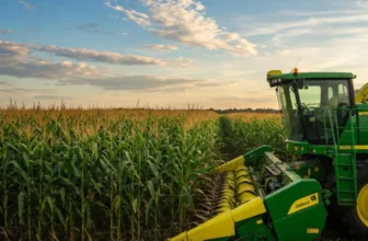 Ein grün-gelber Mähdrescher vom Typ Precision Farming LS25 erntet Mais auf einem großen Feld unter einem blauen Himmel mit vereinzelten Wolken bei Sonnenuntergang.