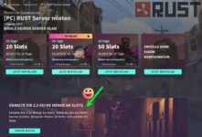 Screenshot einer Website mit RUST-Server-Mietpaketen von GPORTAL. Angeboten werden Optionen für 20, 30 und 50 Slots mit Preisen, Laufzeiten und einem Abschnitt über 2,5-mal mehr Slots mit einem neuen LS25-Server. Informationen zu Urlaubsbeute werden ebenfalls angezeigt.