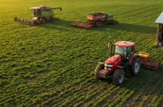 Luftaufnahme eines grünen Ackers mit einem roten Traktor in der Nähe einer Scheune und zwei Erntemaschinen, die unter einem klaren Himmel bei Sonnenuntergang zwischen den Feldern arbeiten, inspiriert vom Realismus des Landwirtschafts-Simulator 25: Patch 1.8.