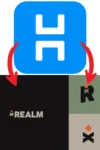 Ein blaues quadratisches Symbol mit einem weißen „H“ wird über zwei roten Pfeilen angezeigt, die auf das Realm-Logo zeigen, und einem stilisierten „R“ auf einem schwarz-grünen Hintergrund.