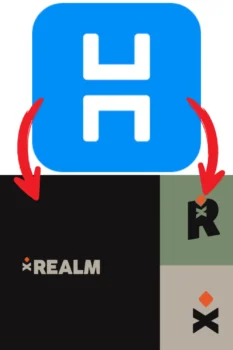 Ein blaues quadratisches Symbol mit einem weißen „H“ wird über zwei roten Pfeilen angezeigt, die auf das Realm-Logo zeigen, und einem stilisierten „R“ auf einem schwarz-grünen Hintergrund.