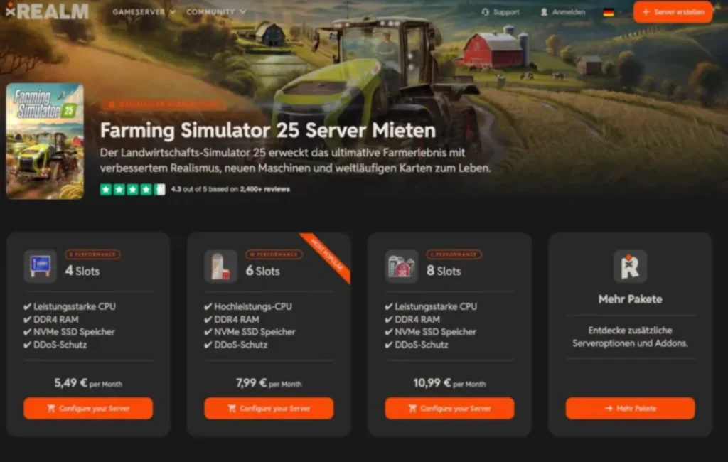 pockethost wird zu xrealm: ein neuer name, eine erweiterte vision | 1 Eine Webseite bietet die Anmietung von Servern für den Landwirtschafts-Simulator 25 an. Sie zeigt Pakete für 4, 6 und 8 Slots, jeweils mit Preisen, Funktionen und einem orangefarbenen Button zur Konfiguration des Servers. Im Hintergrund ist eine Bauernhofszene mit Traktoren zu sehen.