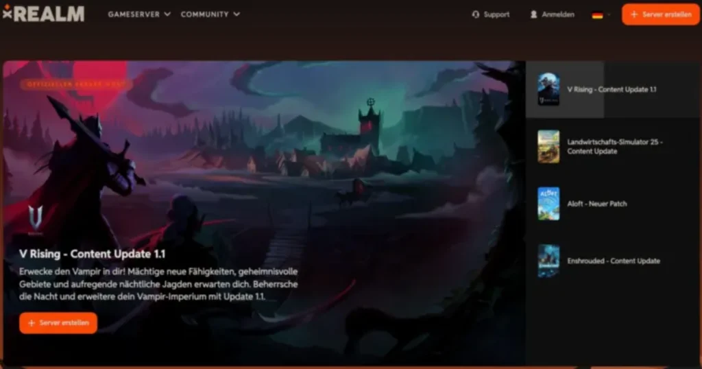 pockethost wird zu xrealm: ein neuer name, eine erweiterte vision | 3 Eine dunkle, stimmungsvolle Spieloberfläche zeigt ein Schloss auf einem Hügel in einer gruseligen Landschaft mit rotem Himmel. Menüs auf der rechten Seite zeigen verschiedene Spiel-Updates und ein Hauptbanner wirbt für „V Rising – Inhaltsupdate 1.1“.