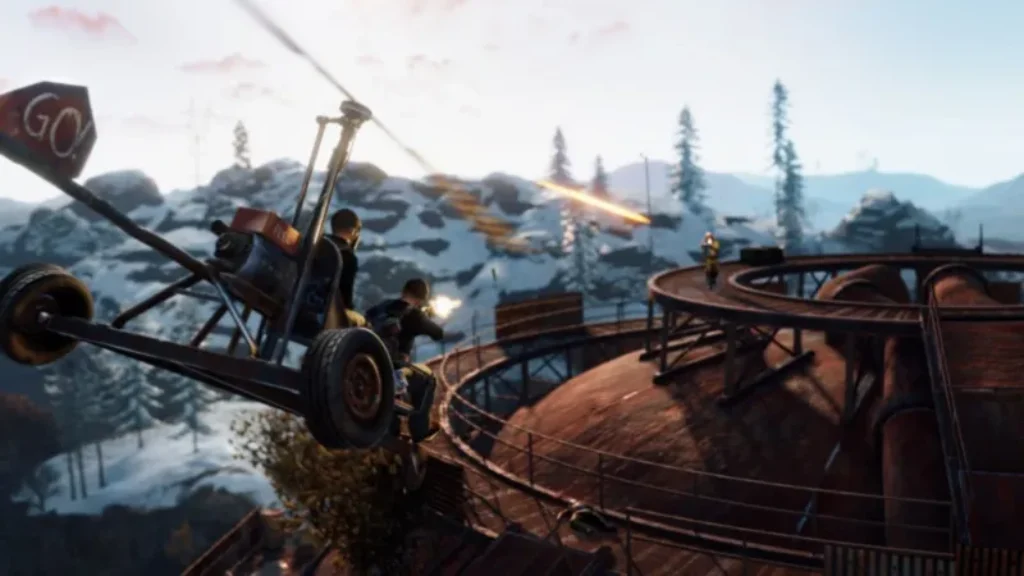 günstigen rust server mieten - unser vergleich | 9 Zwei Personen fliegen einen kleinen Hubschrauber und feuern auf eine andere Person, die von einer Metallplattform aus zurückschießt – ein weiterer intensiver Moment, den Sie erleben können, wenn Sie einen Rust-Server mieten – in schneebedeckten Bergen unter einem bewölkten Himmel.