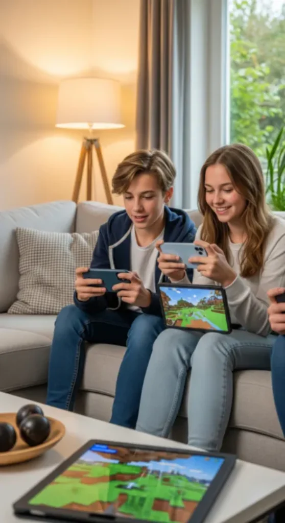 minecraft crossplay leicht gemacht: gemeinsam zocken auf allen geräten | 2 Zwei Teenager sitzen auf einem Sofa und spielen gemeinsam Minecraft Crossplay. Jeder hält ein Smartphone in der Hand, während vor ihnen ein Tablet mit dem Spiel auf dem Tisch liegt. Im Hintergrund sind eine Lampe und ein Fenster zu sehen.