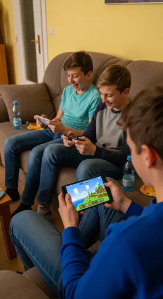 minecraft crossplay leicht gemacht: gemeinsam zocken auf allen geräten | 1 Drei Jungen sitzen lachend auf einem Sofa und spielen gemeinsam Minecraft Crossplay auf ihren Mobilgeräten. Neben ihnen stehen Wasserflaschen und Snacks, im Hintergrund eine leuchtend gelbe Wand.