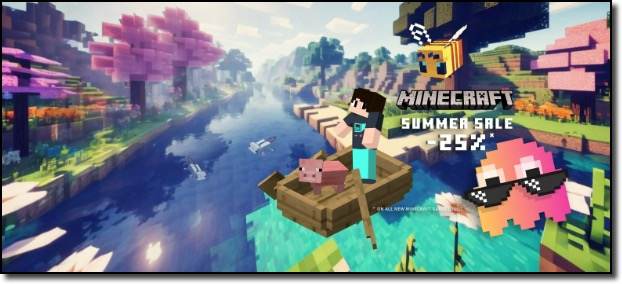 đźÂ sommer-spaĂ mit gportal! 25% rabatt auf minecraft-server! đïž | 1 Eine Minecraft-Figur in einem Boot mit einem Schwein auf einem Fluss, umgeben von verpixelten BĂ€umen und Tieren. Der Text lautet