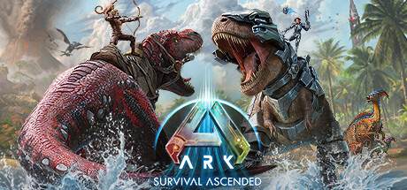ark: survival ascended server mieten | 3 Zwei auf Dinosauriern reitende Menschen treten gegeneinander an, einer mit einem Bogen, der andere mit einem Gewehr, während darunter ein Logo mit der Aufschrift
