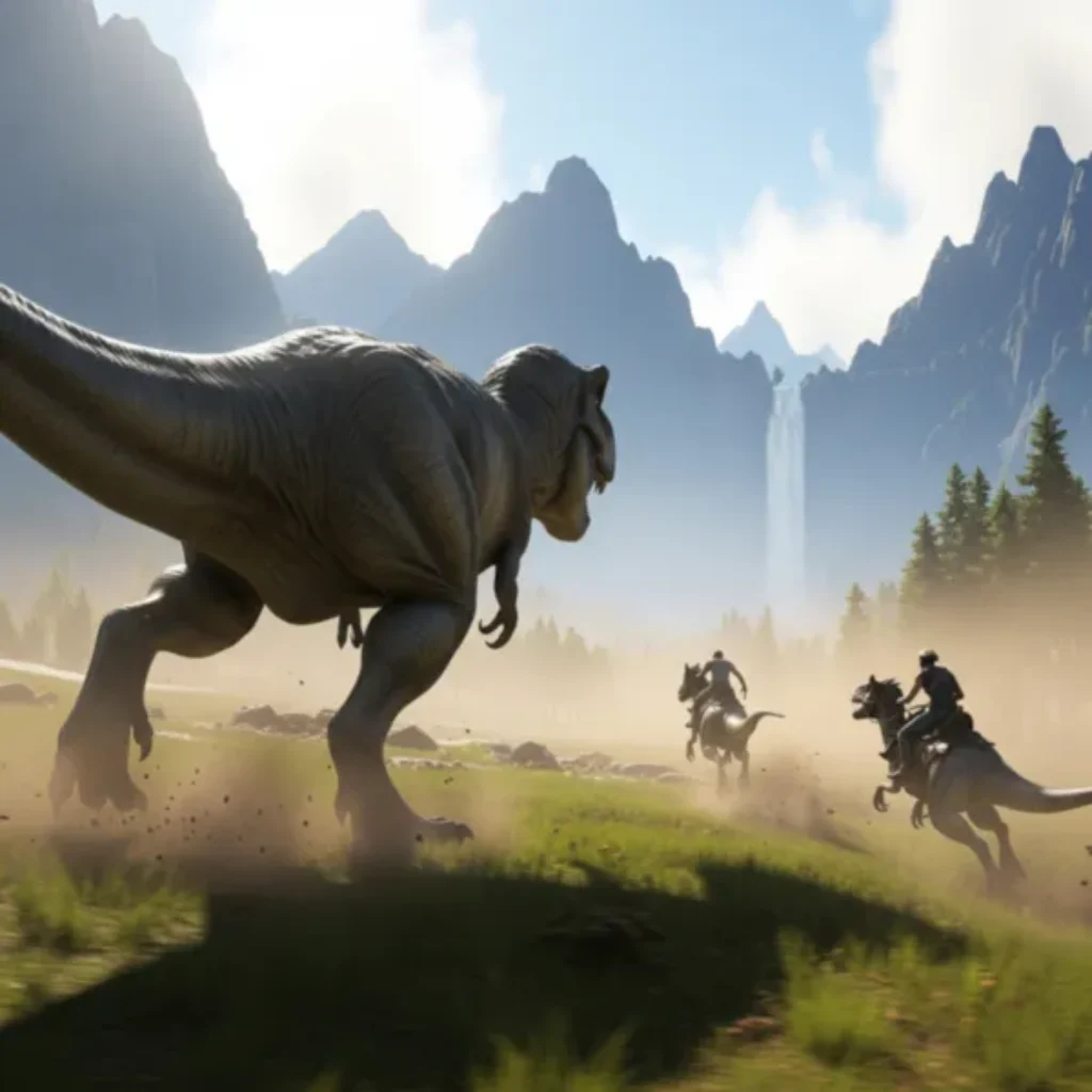 ark: survival ascended server mieten | 14 Ein großer Dinosaurier jagt zwei Menschen, die auf kleineren Dinosauriern reiten, über eine Grasebene auf einem ARK: Survival Ascended-Server, mit nebligen Bergen und einem Wasserfall im Hintergrund unter einem teilweise bewölkten Himmel.
