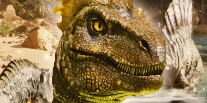 ark: survival ascended server mieten | 2 Eine Nahaufnahme eines grünen, schuppigen Dinosauriers mit gelben Augen und scharfen Zähnen vor einer prähistorischen Landschaft mit Felsen, Wasser und einem anderen Dinosaurier im Hintergrund.