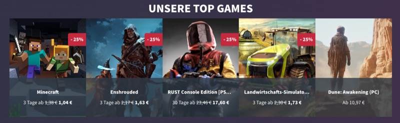 🎮 sommer-spaß mit gportal! 25% rabatt auf minecraft 🏝️ | 1 Ein horizontales Banner präsentiert fünf Top-Spiele mit Titelbildern, Titeln, Rabatt-Tags und Preisen, darunter Minecraft, Enshrouded, RUST Console Edition, Landwirtschafts-Simulator und Dune: Awakening (PC) im GPORTAL-Sommerangebot.