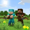 Zwei Minecraft-Charaktere, einer in einer blauen Diamant-Rüstung und einer in einer braunen Leder-Rüstung, stehen auf Gras mit gelben Blumen und zielen auf ihre Minecraft-Armbrust. Der Himmel ist sonnig mit Wolken, und grüne Bäume sind im Hintergrund.